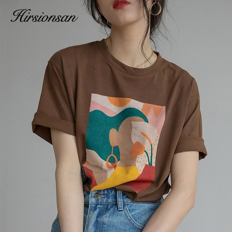 Hirsionsan Aesthetic Printed T Shirts Women 2021 New Soft Vintage Loose Tees Abstract Graphic Cotton Tshirts Summer Casual Tops