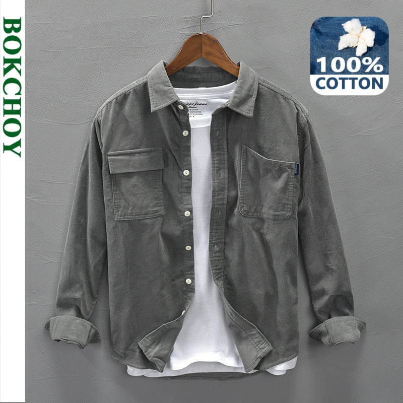 Otoño Invierno hombres de pana camisa de algodón puro de manga larga bolsillos Vintage cálido fino gris Casual Top ropa de trabajo Gml04-C312