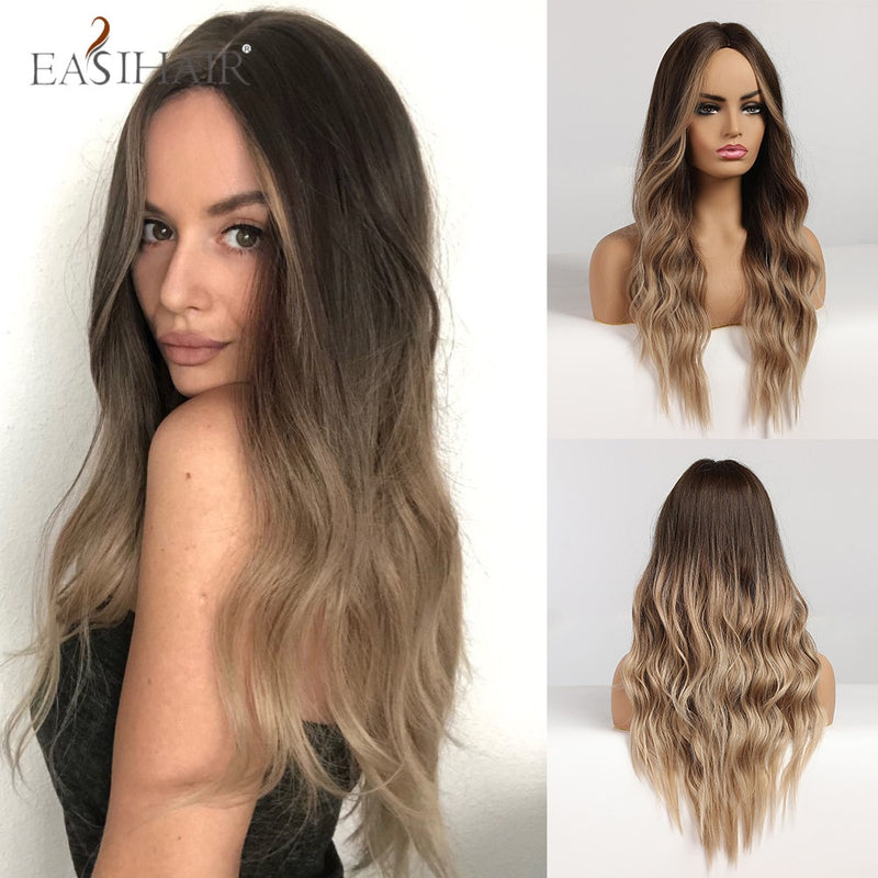 EASIHAIR largo rubio claro Ombre pelucas de estilo ondulado Natural pelucas sintéticas resistentes al calor pelucas de Cosplay de pelo de parte media para mujeres