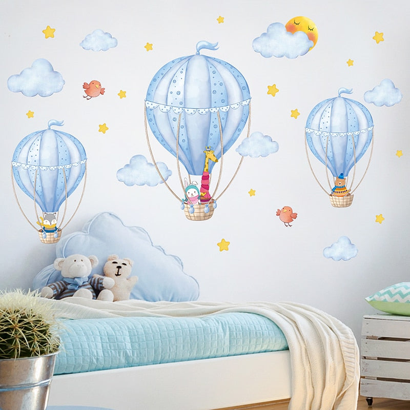 Pegatinas de pared de globos de aire caliente, pegatinas de pared de nubes de dibujos animados DIY para habitaciones de niños, dormitorio de bebé, guardería, decoración del hogar