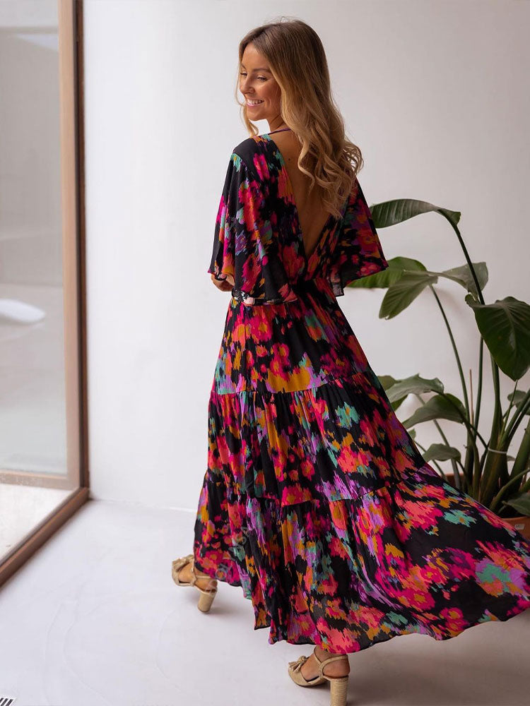 2023 Boho Floral Printed V-neck Short Sleeve Self Belted Cotton Dress Tunic Women Summer Clothes Street Wear Maxi Dresses A1341