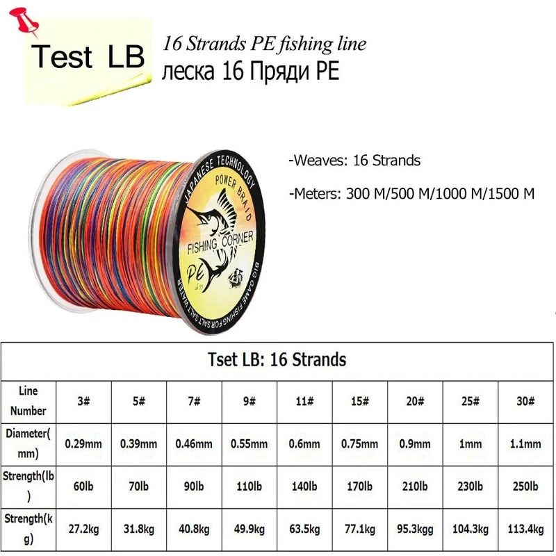 16 Stränge PE Braid 300M/500M/1000M/1500M Geflochtene Angelschnur Multicolor Super Power Japan Multifilament Salzwasser/Süßwasser