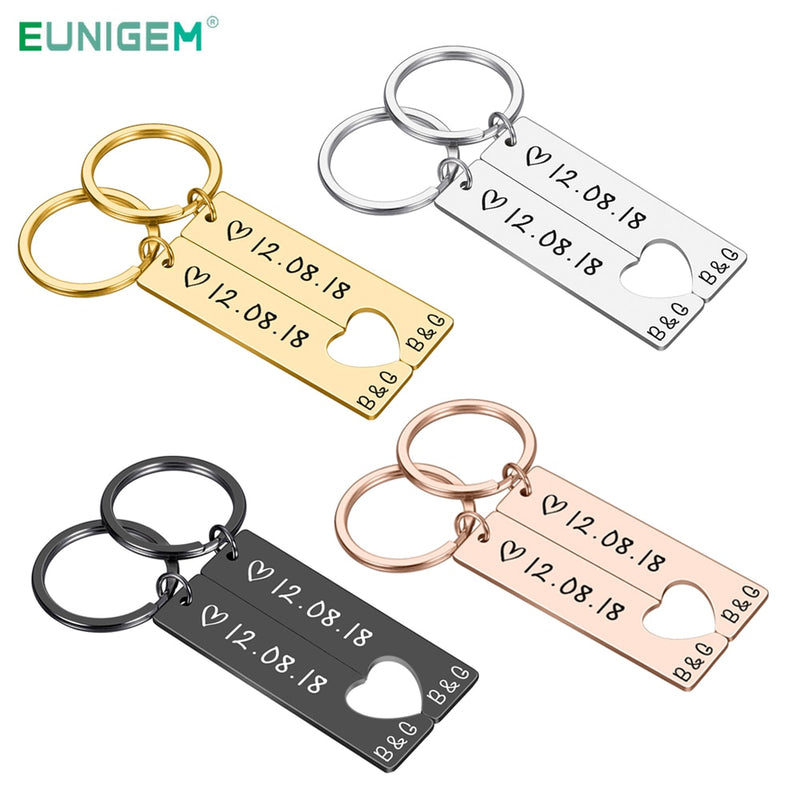 Personalized Heart Keychain Set  Engraved King Date and Name Love Keyring Gift for Couples Girlfriend Boyfriends Key Chain Rings