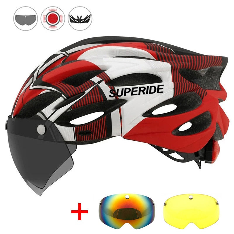 SUPERIDE Men Women Cycling Helmet with Rearlight Sports MTB Bicycle Helmet Road Bike Mountain Bike Helmet with Goggles &amp; Visor