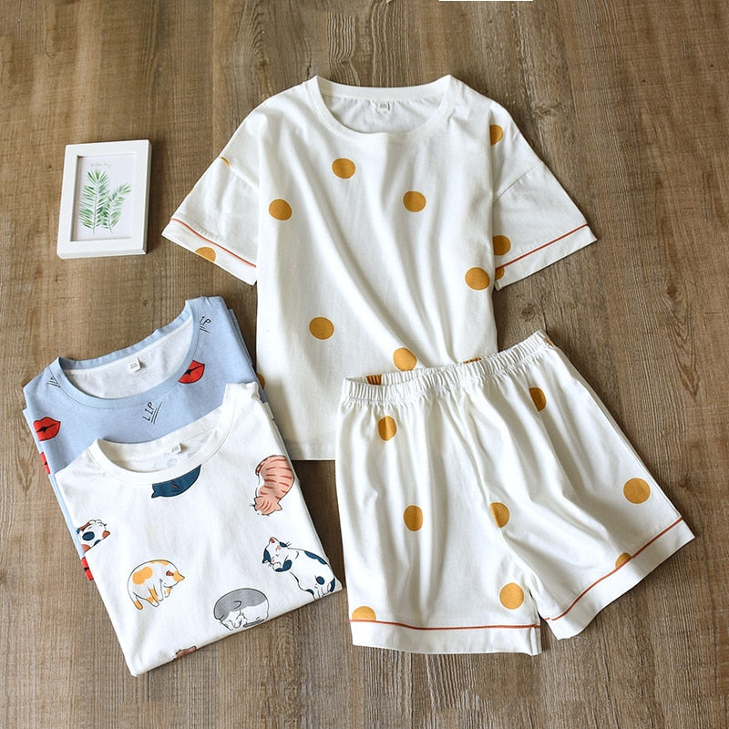 Women's 100% cotton short-sleeved shorts in summer pajamas cartoon summer sports and leisure two-piece suits can be worn out