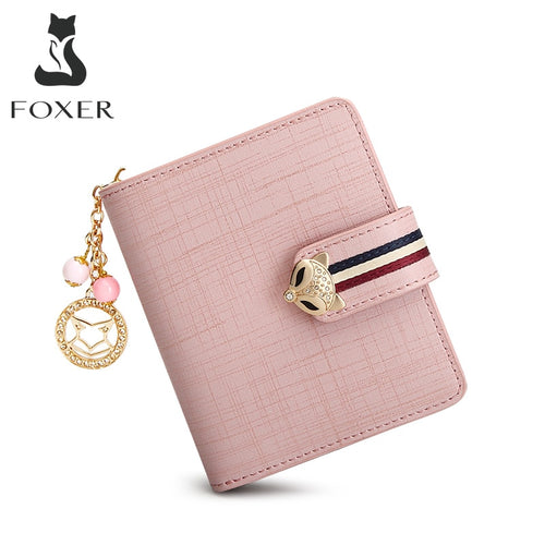 FOXER Kartenhalter Spaltleder Damen Geldbörsen Designer Geldbörse Mädchen Geldbörse mit Reißverschluss Hochwertige kurze Geldbörse mit Anhänger