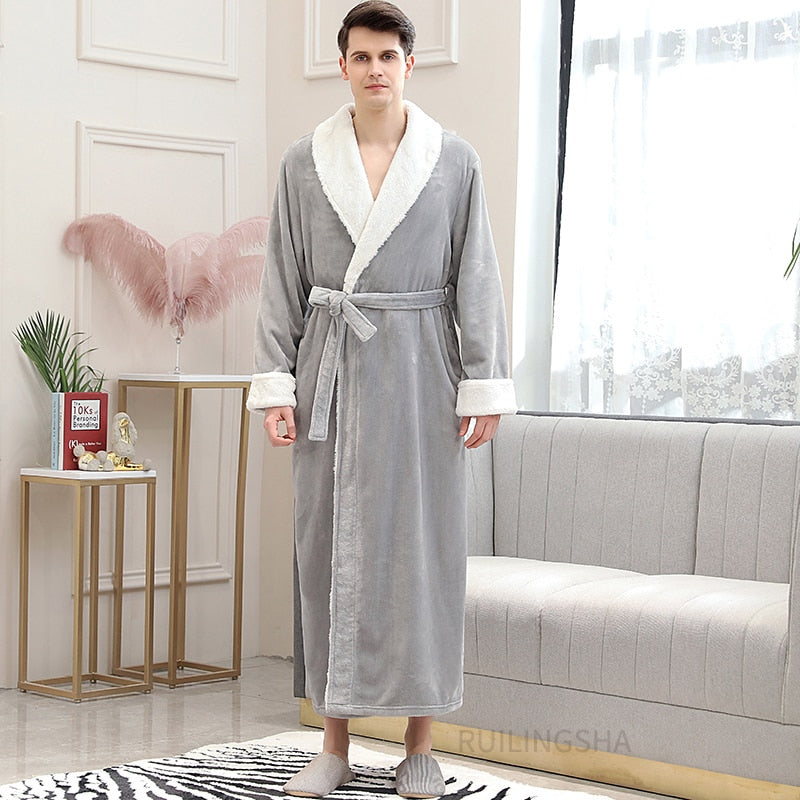 Women Men Winter Plus Size Flannel Robe Extra Long Hooded Warm Bathrobe Lovers Thick Kimono Bath Robe Male Dressing Gown Robes