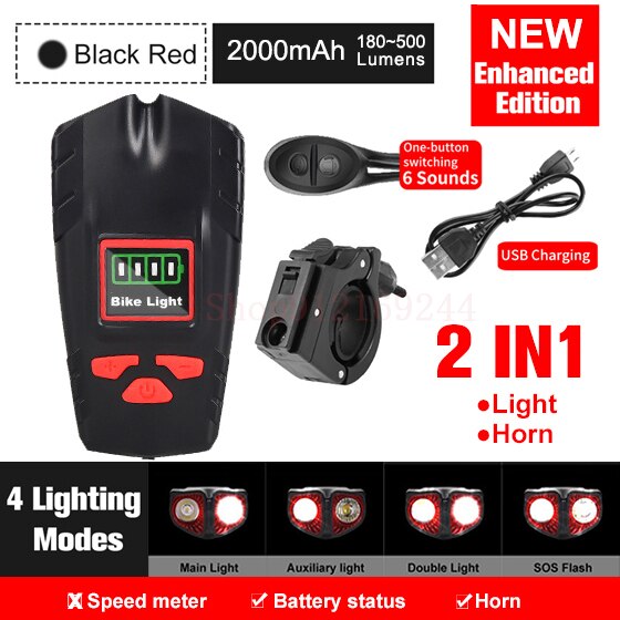 Luz de bicicleta recargable por USB, odómetro de bicicleta, linterna de luz delantera con ordenador, velocímetro LCD, cabeza de ciclismo, bocina de linterna