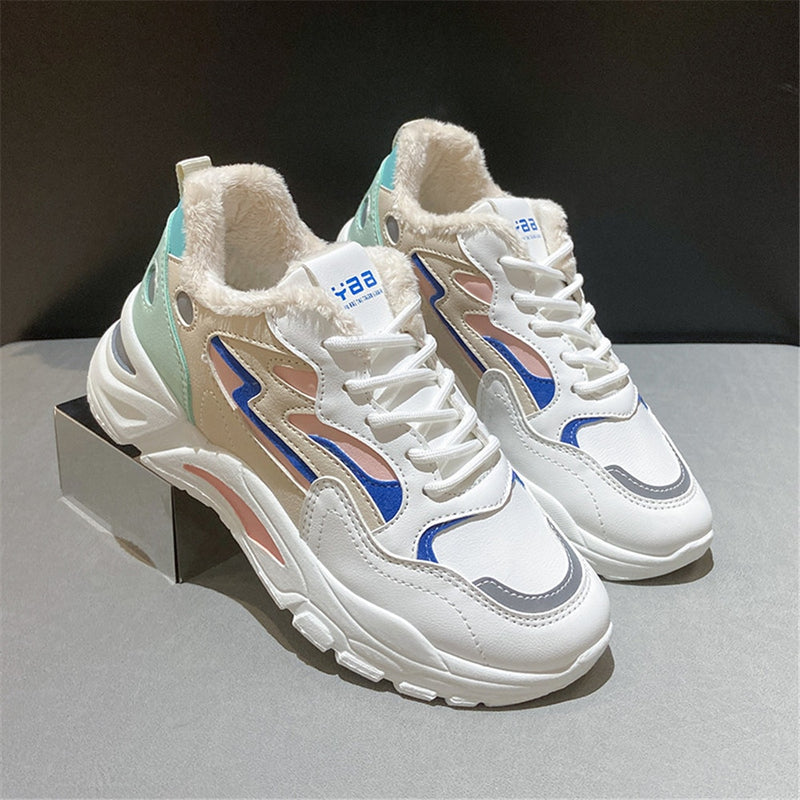 New 2022 Winter Vulcanized Snow Boots Women Pu Leather Sport Shoes Female Outdoor Cotton-padded Shoes Warm Sneakers White Pink