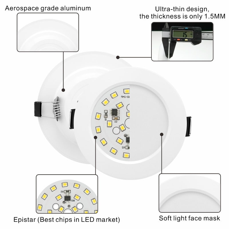 10pcs/lot Led Downlight 3W 5W 7W 9W 12W 15W 220V Recessed Ceiling Light 3/4/5 inch Round Led Panel Down Light Spotlight Lighting