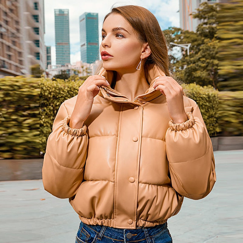 Winter Warm Thick PU Leather Coats Women Short Parkas Fashion Black Cotton Padded Lady Down Jacket Elegant Zipper Clothes 2022