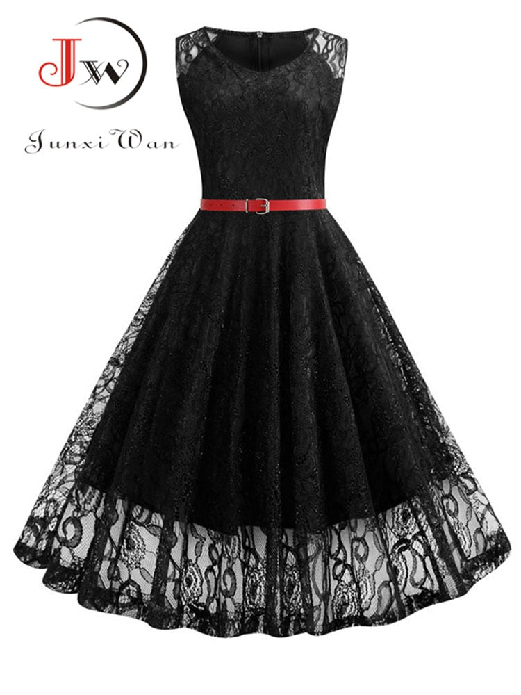 Women Summer Dress 50S 60S Elegant Vintage Lace Dress Robe Sleeveless Party Casual White Midi Vestidos