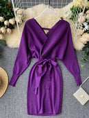 YuooMuoo Herbst Winter Frauen Strickpullover Kleid 2022 Neue Koreanische Lange Fledermausärmel V-ausschnitt Elegantes Kleid Damen Verbandkleid