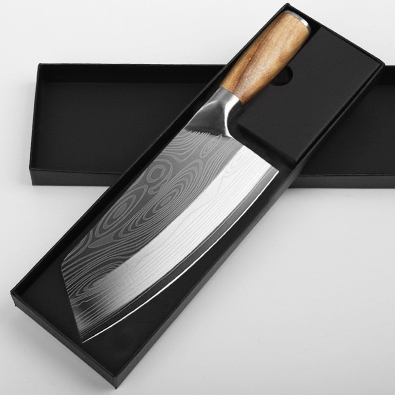 Kitchen Knife Damascus Laser Pattern Chinese Chef Knife Stainless Steel Butcher Meat Chopping Cleaver Knife Vegetable Cutter