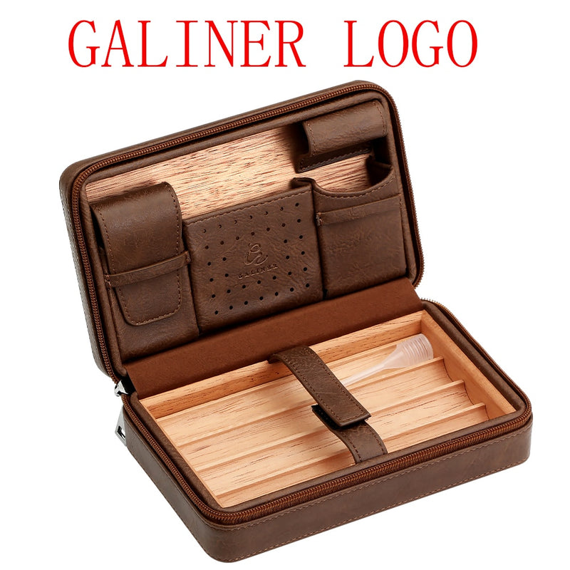 GALINER Portable Cedar Wood Cigar Humidor Box Travel Leather Cigar Case Storage 4 Cigars Box Humidor Humidifier For Sigar