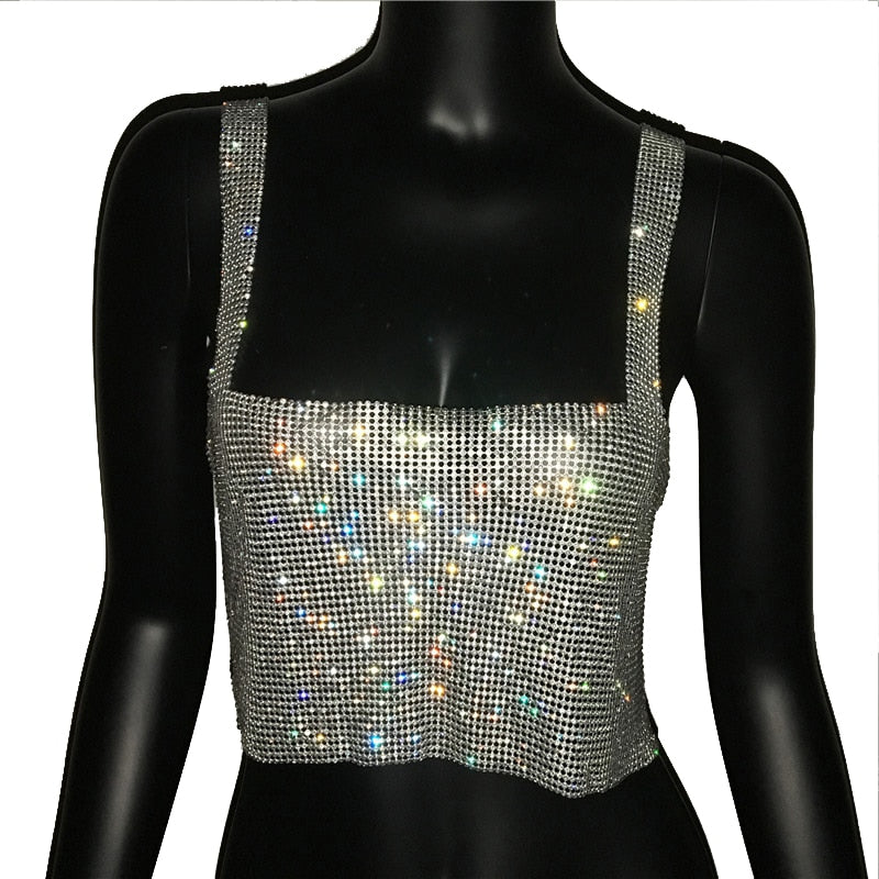 2022 Glitter Nightclub espalda descubierta strass Tank Top mujeres Sexy Metal cristal diamantes lentejuelas Night Club Party Wear Crop Top