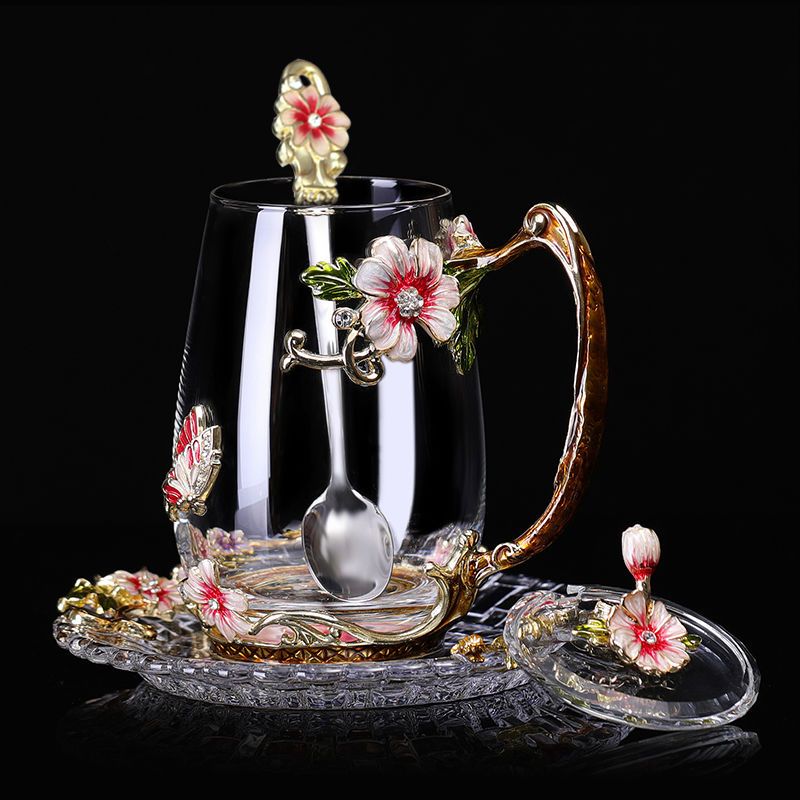 Schönheit und Neuheit Emaille Kaffeetasse Becher Blume Tee Glas Tassen für heiße und kalte Getränke Teetasse Löffel Set Perfektes Hochzeitsgeschenk