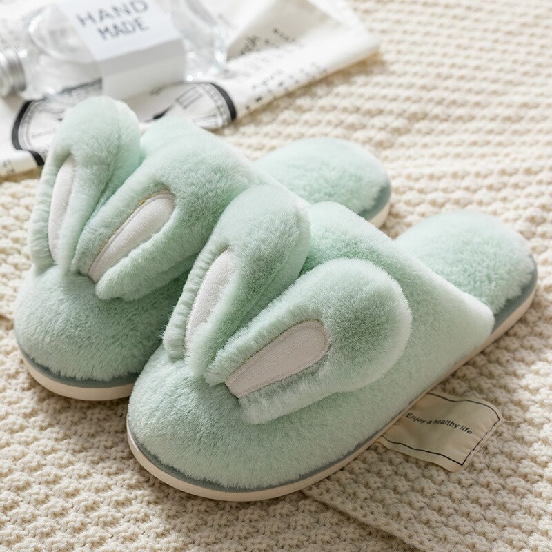 2022 NEW Design Women Winter Furry Slippers Rabbit Ears Couple House Shoes Warm Solid Color Versatile Slippers Chinelos Planos