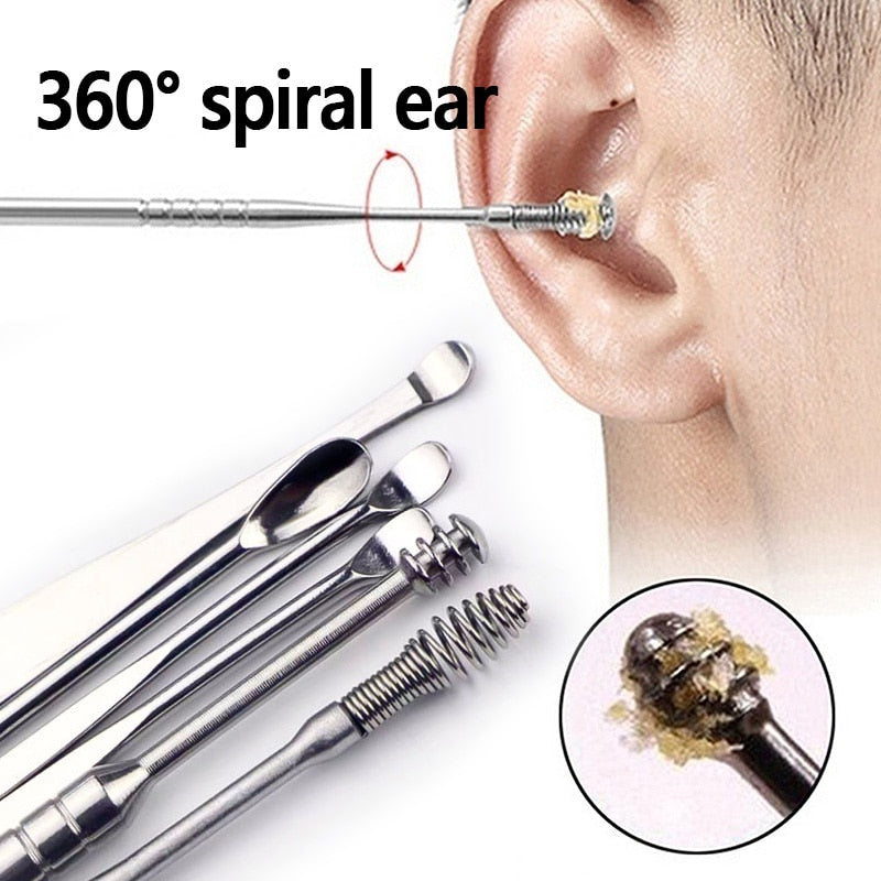 6 unids/set recogedores de cera para los oídos de acero inoxidable removedor de cera para los oídos kit de perforación cureta de cera para los oídos cuchara cuidado herramienta de limpieza de oídos