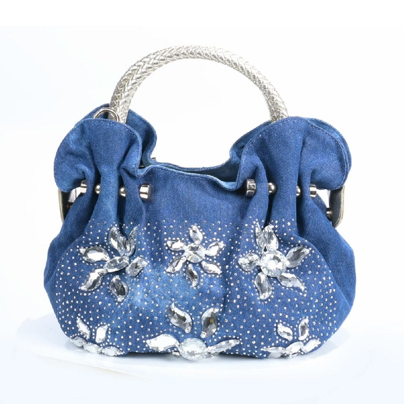 iPinee New Women Denim Bags Sweet Blue Pattern High Quality Handbags With Diamond Ladies Tote Bag Messenger Bags