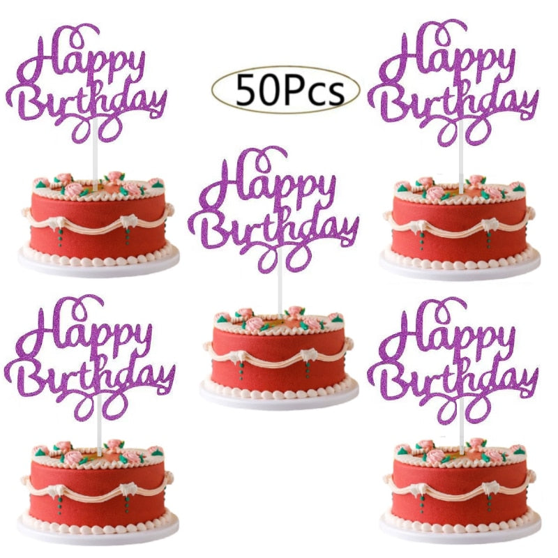 50Pcs Happy Birthday Cake Toppers Glitter Cardstock Baby Shower Kids Party Favors Decorations Cake Decoration Supplies