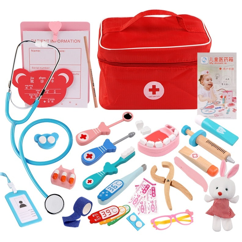 Juego de juguetes de doctor para niños, juego de simulación de madera para niños, juegos para niñas y niños, caja de medicina roja para dentista, bolsas de tela