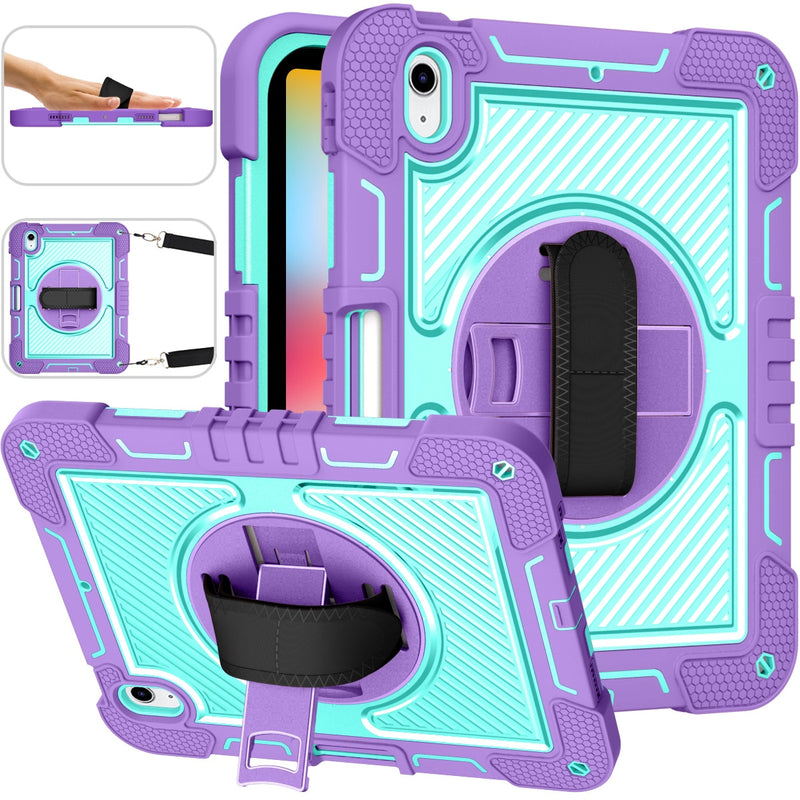 for iPad 10th Generation Case 10.9&quot; 2022, with Pencil Holder/360 Rotation Stand/Hand Strap, Heavy Duty Shockproof Rugged Cover