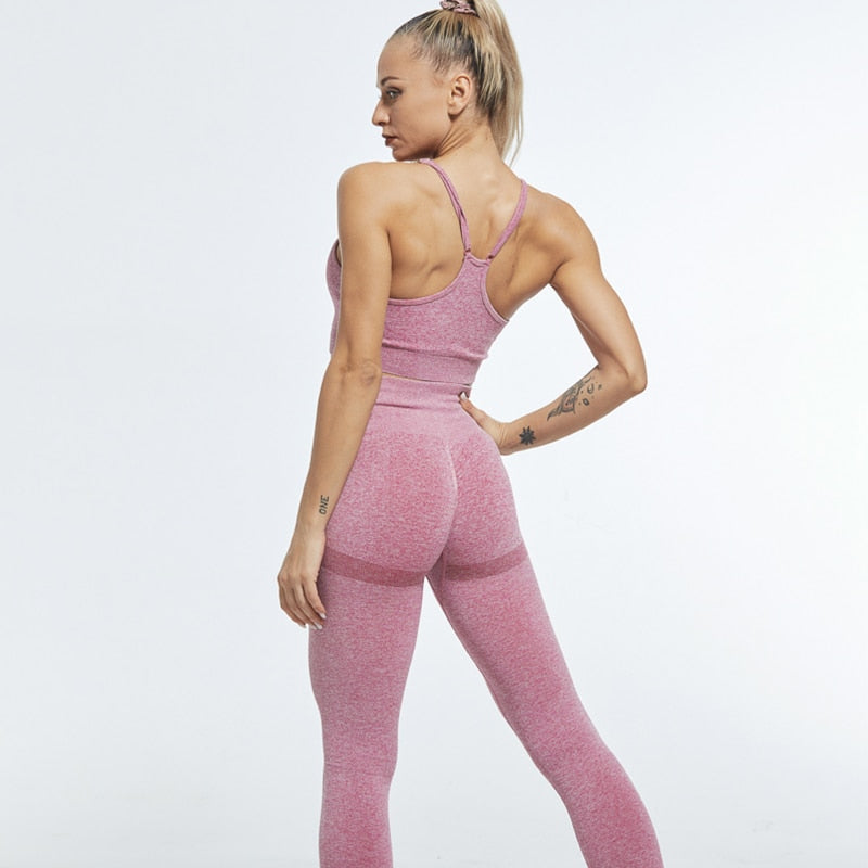 NORMOV Nahtloses Fitnessstudio-Set Damen Fitness Yoga Set Sportanzüge Leggings mit hoher Taille + Push-Up-BH 2-teiliges Set Sportbekleidung