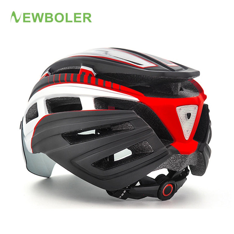 Casco de ciclismo NEWBOLER para hombre y mujer, casco con luz LED, lente para casco de bicicleta de montaña y carretera para montar en bicicleta, deportes, monopatín, Scooter