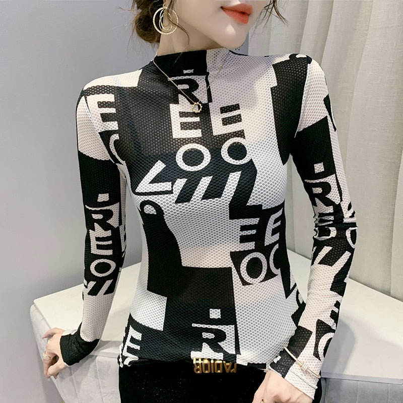 Fast Ship Vintage Print Tops Letters Doodle T-shirt Women Turtleneck Long Sleeve Slim Stretchy Tee Casual Women Clothing Spring