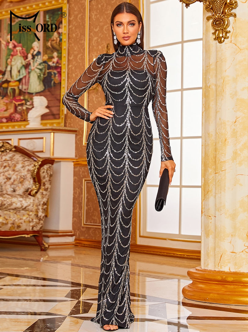 Missord Sequins See Though Women Maxi Long Evening Dresses 2021 Autumn Winter High Neck Wave Elegant Long Sleeve Party Dress