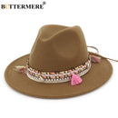 BUTTERMERE Damen Fedora Hut Wolle Khaki Jazz Hüte Weiblich National Lässig Große Krempe Vintage Herbst Klassischer Filzhut und Mütze 2022