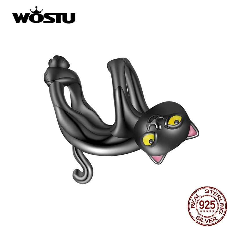 WOSTU 2021 925 Sterling Silver Cute Black Cat Suspend Animals Charm Beads Fit Original Bracelet DIY Jewelry CTC520