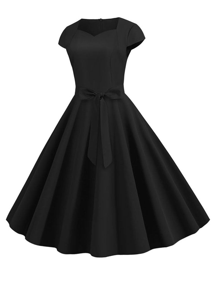 Verano Mujer Vintage vestido 50S 60S manga corta Casual elegante Retro Oficina fiesta Midi vestido bata mujer sólido Vestidos