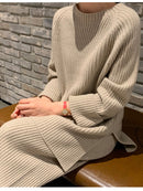 SMTHMA New Fashion Winter Women's Thicken Warm Knitted Pullover Sweater Two-Piece Suits +High Waist Loose Wide Leg Pants Set