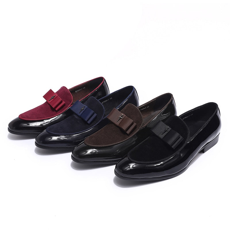 Handmade Genuine Patent Leather and Cow Suede Patchwork with Bow Tie Men Wedding Black Dress Shoes Mens Banquet Loafers Blue Red