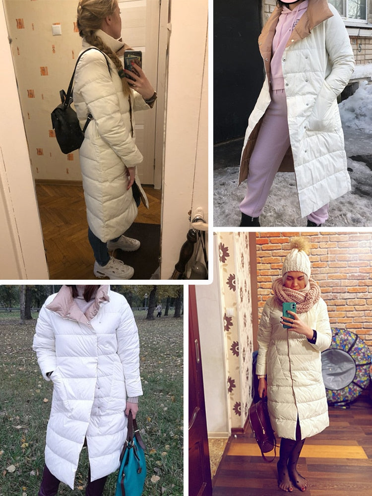 FTLZZ Women Double Sided Down Long Jacket Winter 90% White Duck Down Coat Double Breasted Warm Parkas Snow Outwear