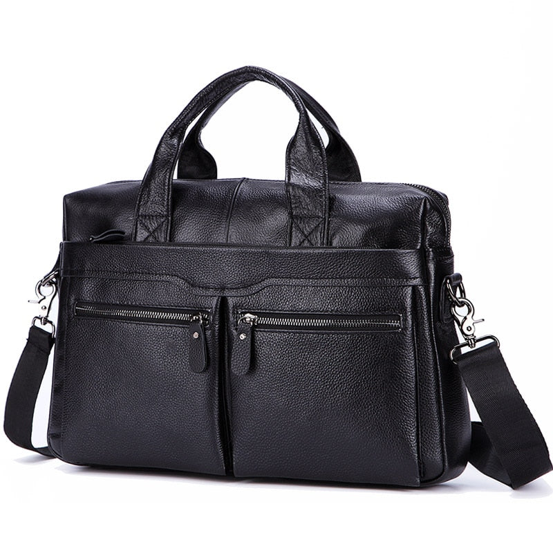 Bolsos negros de cuero genuino para hombres, bolsos grandes de cuero de 14 "para computadora portátil, bolsos de viaje para hombres de negocios, bolsos de hombro, maletín