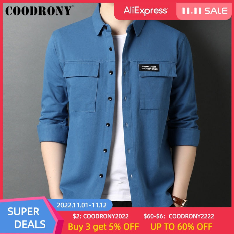 COODRONY Brand Spring Autumn High Quality Streetwear Fashion Style Big Pocket 100% Cotton Long Sleeve Shirt Men Clothing C6112