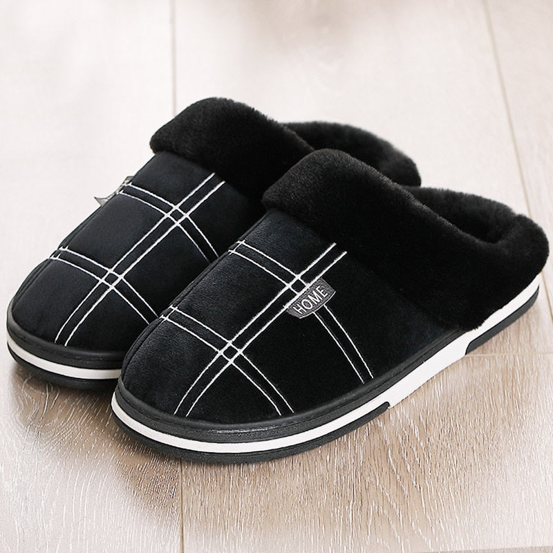 Large size 50/51 Home slippers men Gingham cotton slippers indoor winter warm plush non-slip thick-soled Soft Slippers male