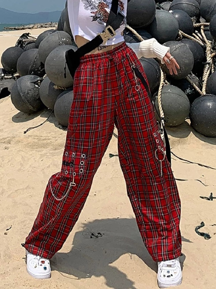 QWEEK Checked Trousers Women Japanese Streetwear Punk Cargo Pants Women Hippie Chain Harajuku Indie Y2K Aesthetic Hip Hop