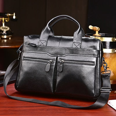 Bolsos negros de cuero genuino para hombres, bolsos grandes de cuero de 14 "para computadora portátil, bolsos de viaje para hombres de negocios, bolsos de hombro, maletín