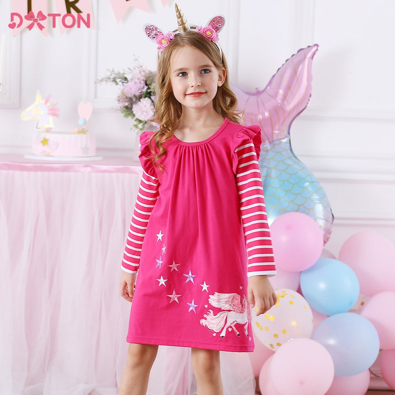 DXTON, vestidos de invierno para niñas, manga voladora, unicornio, vestido para niños, rayas de estrellas, ropa de algodón para niños pequeños, vestido informal para niñas