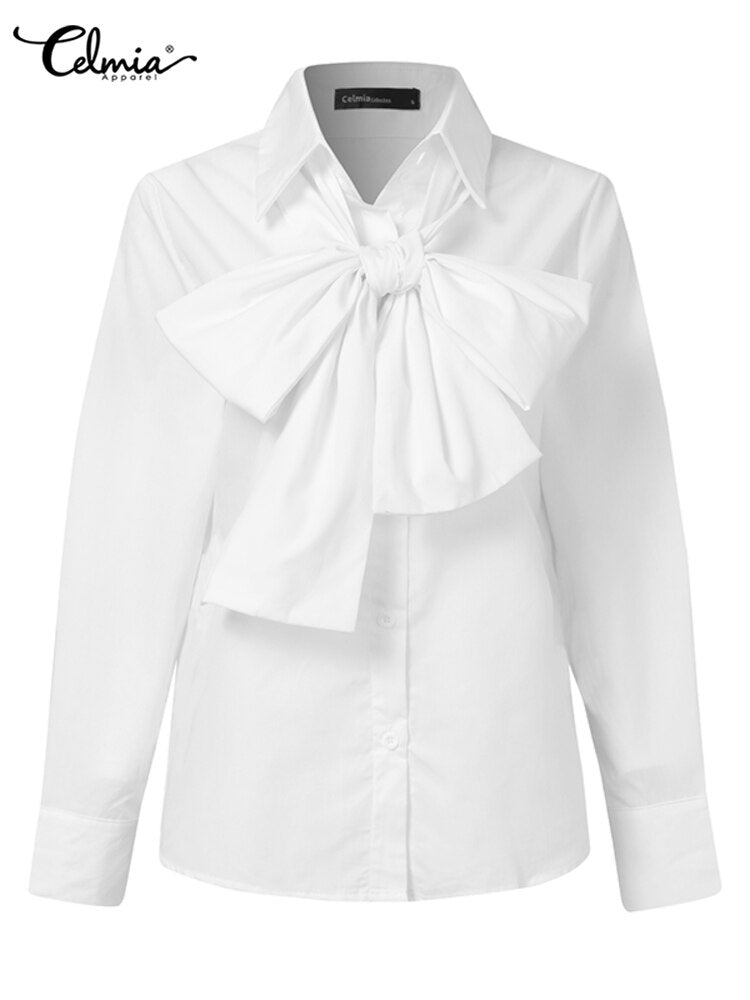 Celmia Elegant White Shirts 2022 Fashion Women Bow Tie Long Sleeve Tops Casual Party Blouse Summer Tunic Solid Blusas Femininas