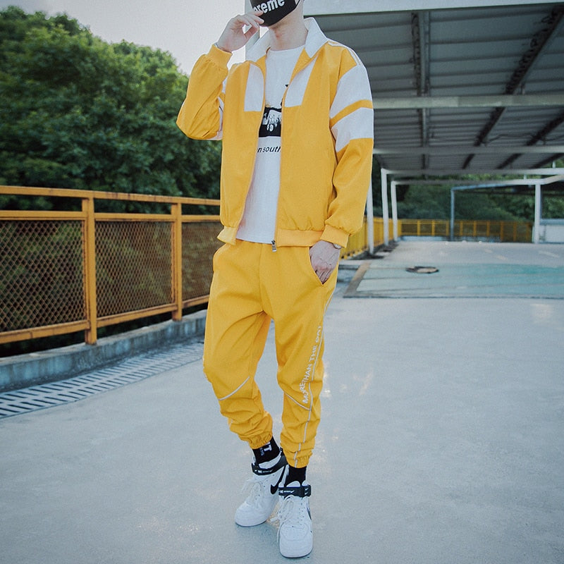 2023 Hip Hop Workwear jacket Mens Tracksuit Jacket+Pants 2PC Sets baseball loose Zipper Ribbons Coat &amp; Long Pants Mens Clothes