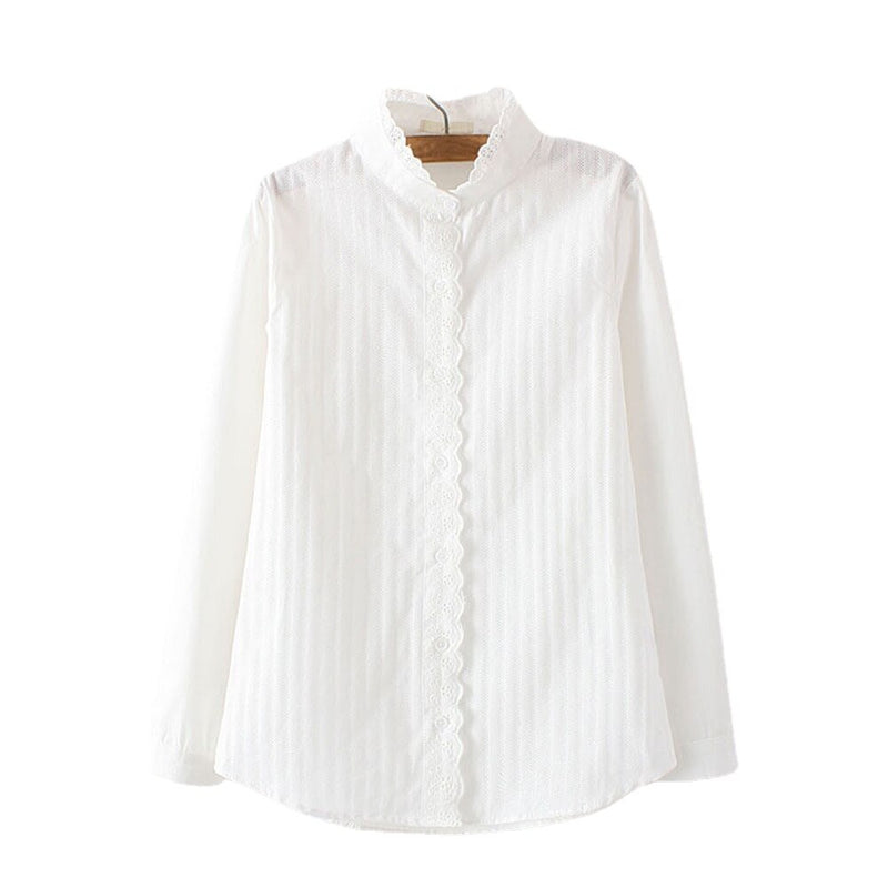 100% Cotton Women Lace White Shirts Summer Spring Long-sleeve Ruffle Slim Soft Blouse Tops 0.15 Kg