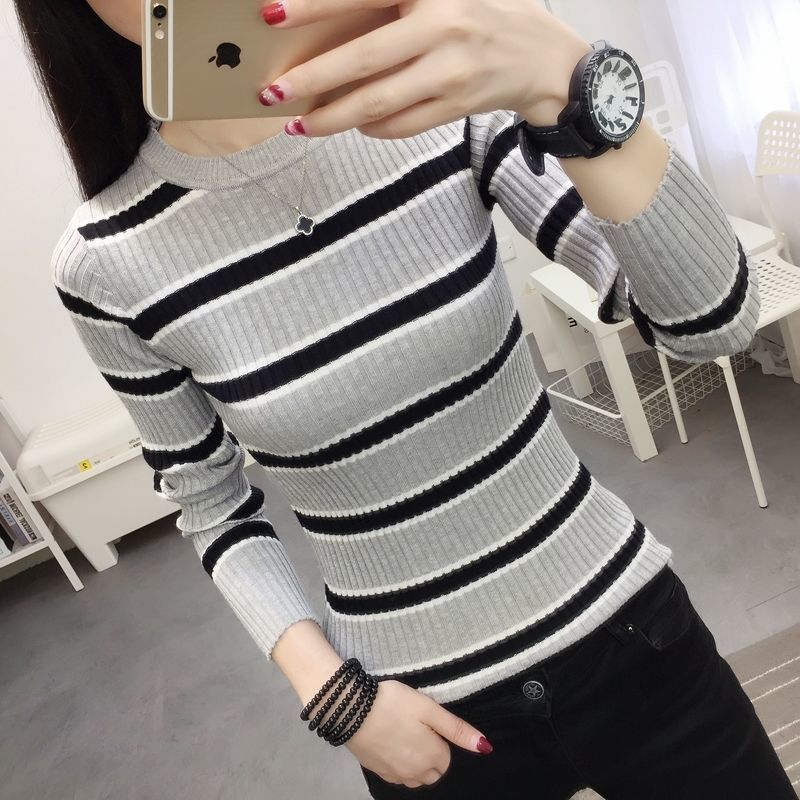 Autumn Sweater 202 Long Sleeve Color Contrast Stripe Versatile O Neck Knitted Sweater Fashion Slim Undercoat Pullover Women