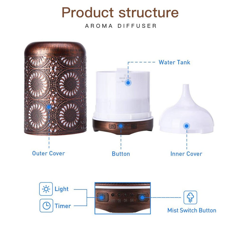 HOMPP Red Bronze Metal Air Humidifier Aromatherapy Essential Oil Diffuser Mist Maker 7 Color Light Change Lamp For Home Office