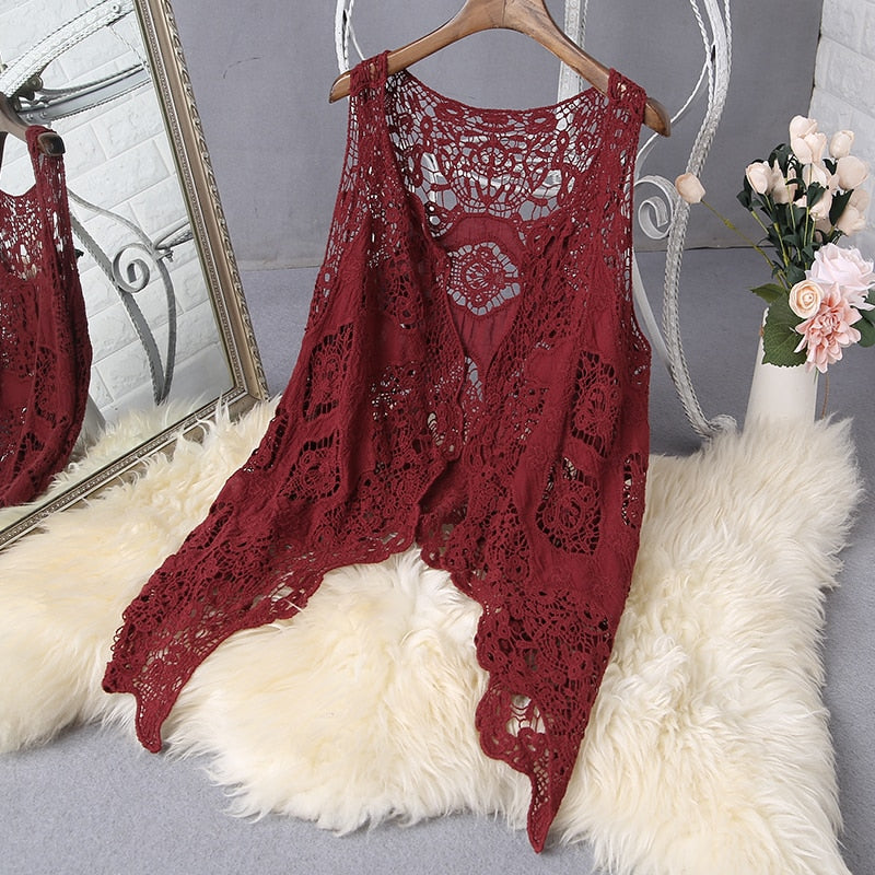 Hippie Froral Patch Design Vest Retro Vintage Crochet Summer Beach Cover Up Top Asymmetric Open Stitch Kimono Cardigain 2022