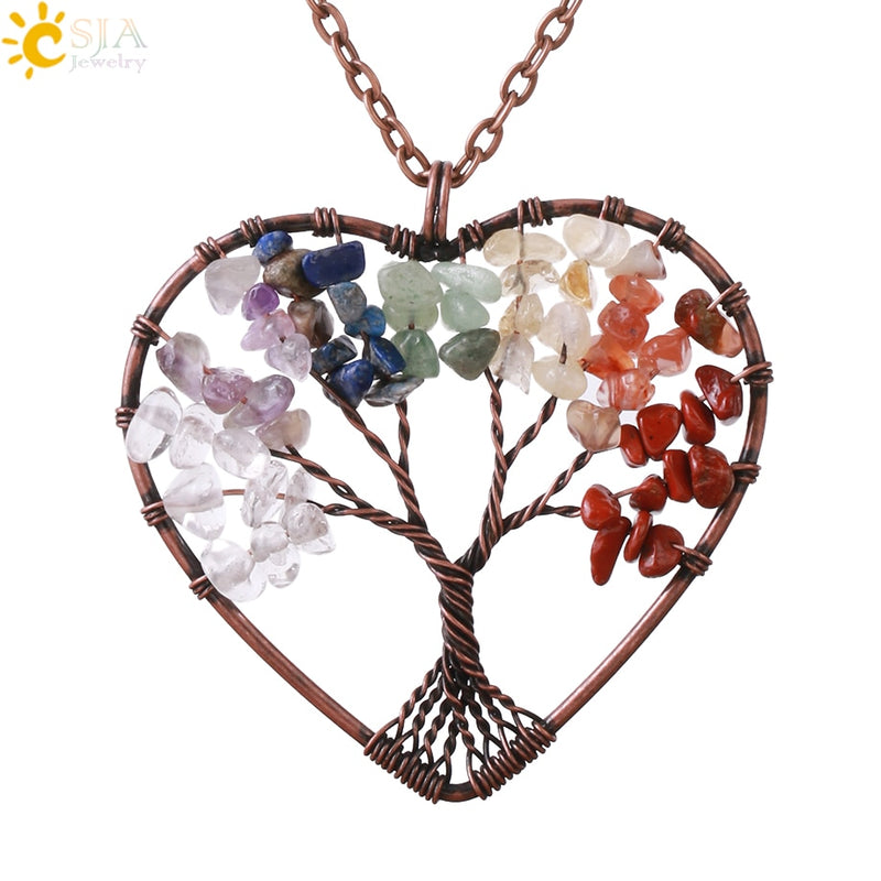 CSJA 7 Chakra Natural Stone Pendant Chip Beads Wrap Wisdom Tree of Life Antique Copper Plated Heart Pendants for Necklace E269
